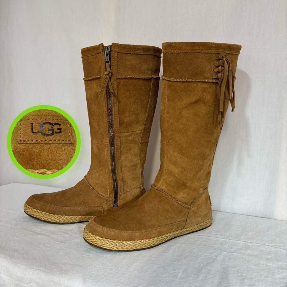 NWOT UGG Emerie Suede Leather Boots, Chestnut Brown, Tall, Size 8, Zipper+Fringe